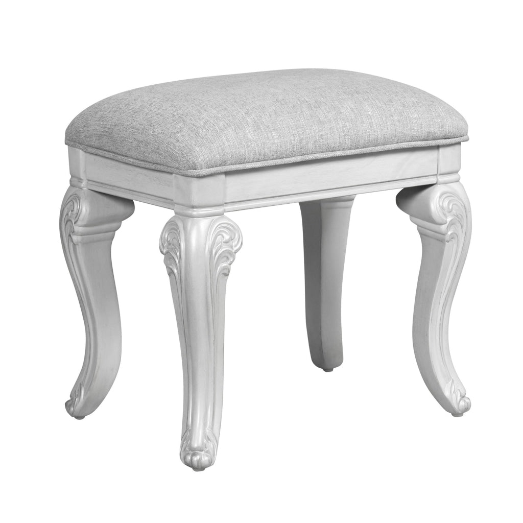 Hailey 19 Inch Royal Vanity Stool Scrolled Design Gray Padded Top Wood By Casagear Home BM316520