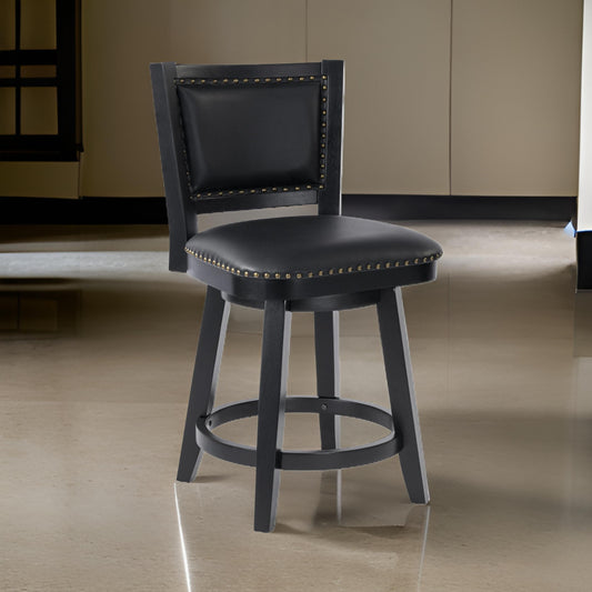 Kera Swivel Counter Height Stool Chair, Black Wood, Nailhead Faux Leather By Casagear Home