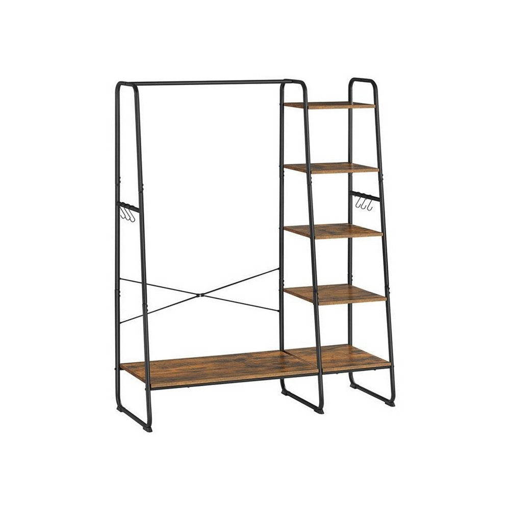 63 Inch Garment Hanging Rack 5 Tier Storage 6 Side Hooks Black Brown By Casagear Home BM316537