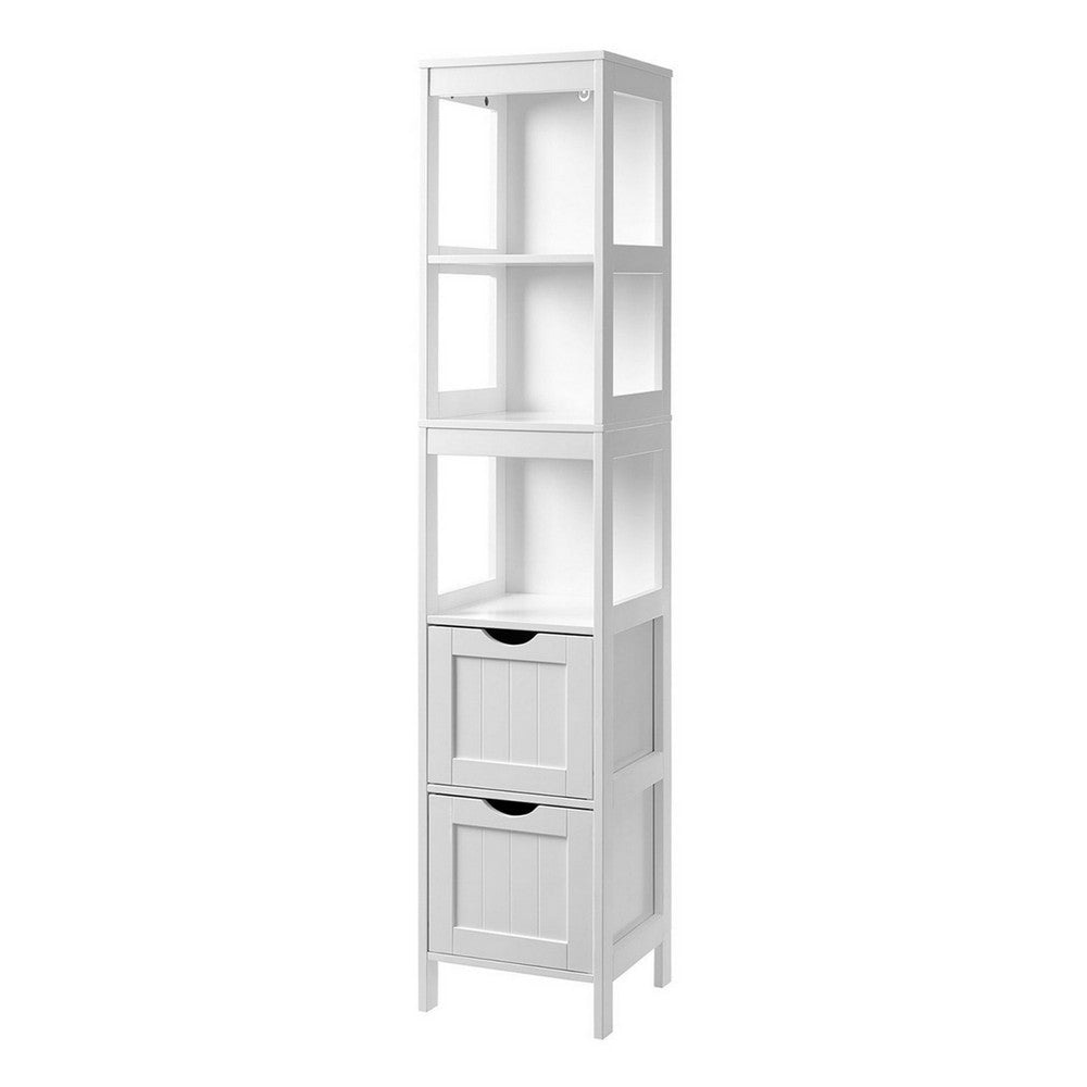 56 Inch Floor Cabinet Bookcase with Shelves 2 Drawers Modern White Finish By Casagear Home BM316538