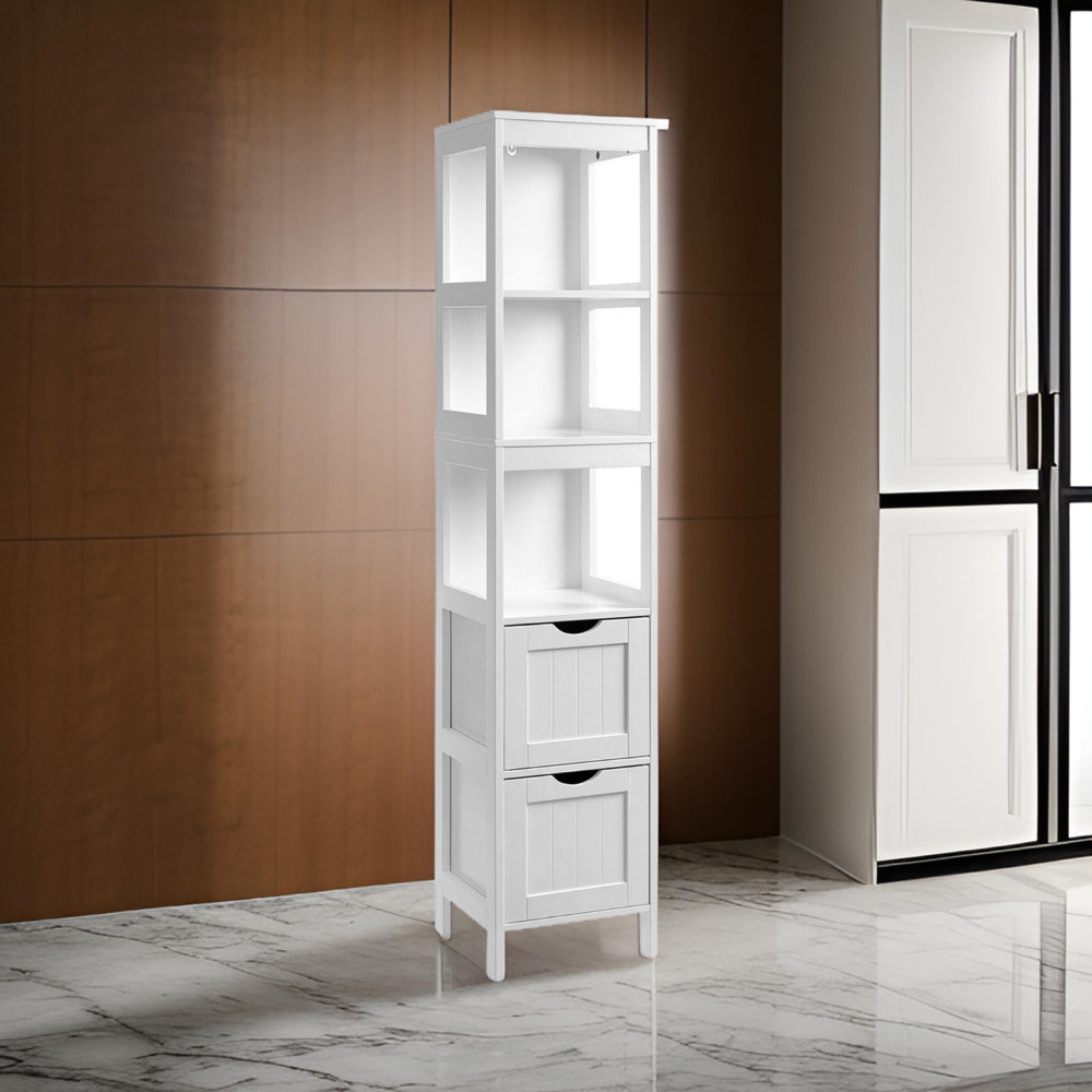 56 Inch Floor Cabinet Bookcase with Shelves 2 Drawers Modern White Finish By Casagear Home BM316538