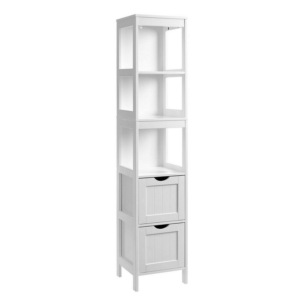 56 Inch Floor Cabinet Bookcase with Shelves, 2 Drawers, Modern White Finish By Casagear Home