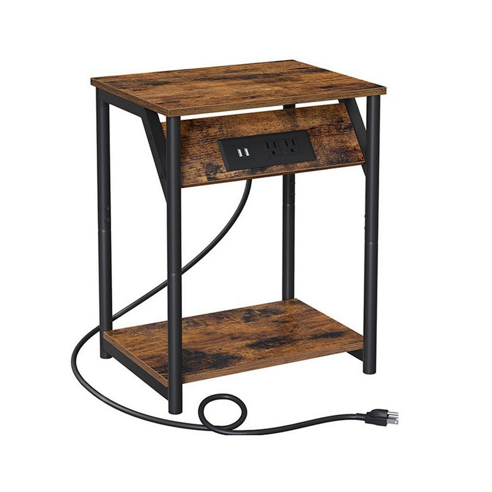 19 Inch Side End Table Nightstand Set of 2 Charging USB Port Rustic Brown By Casagear Home BM316541