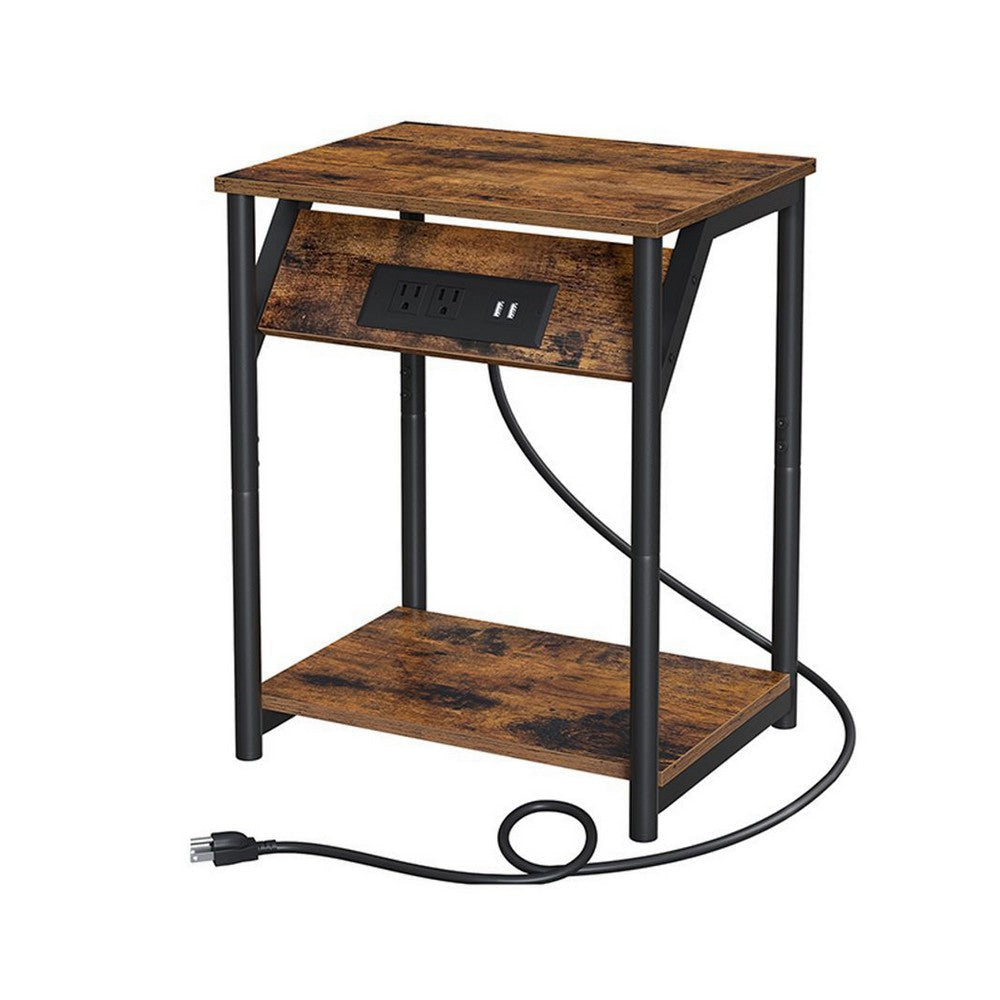 19 Inch Side End Table Nightstand Set of 2 Charging USB Port Rustic Brown By Casagear Home BM316541