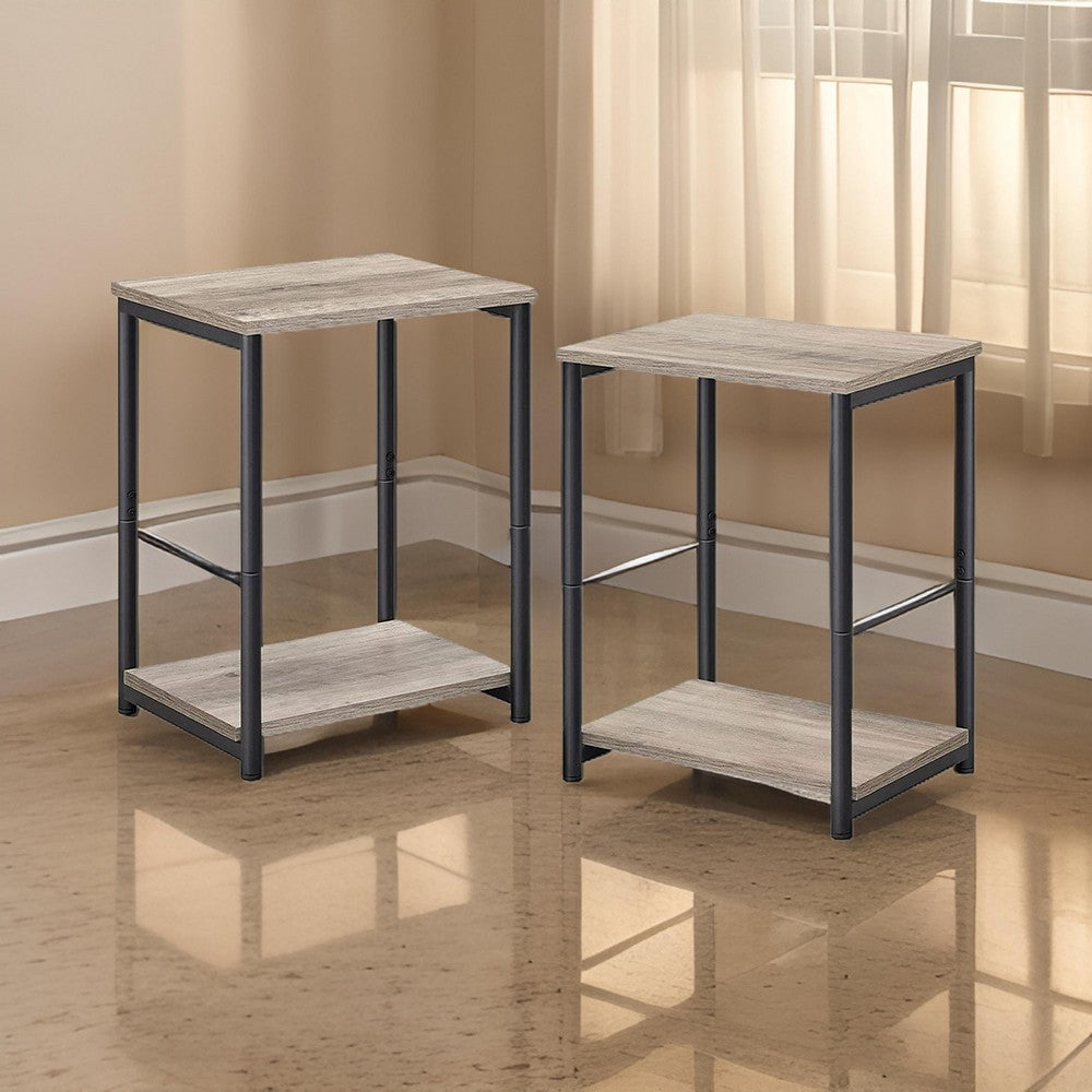 20 Inch Side End Table Set of 2, Square, Bottom Shelf, Black Metal, Gray By Casagear Home