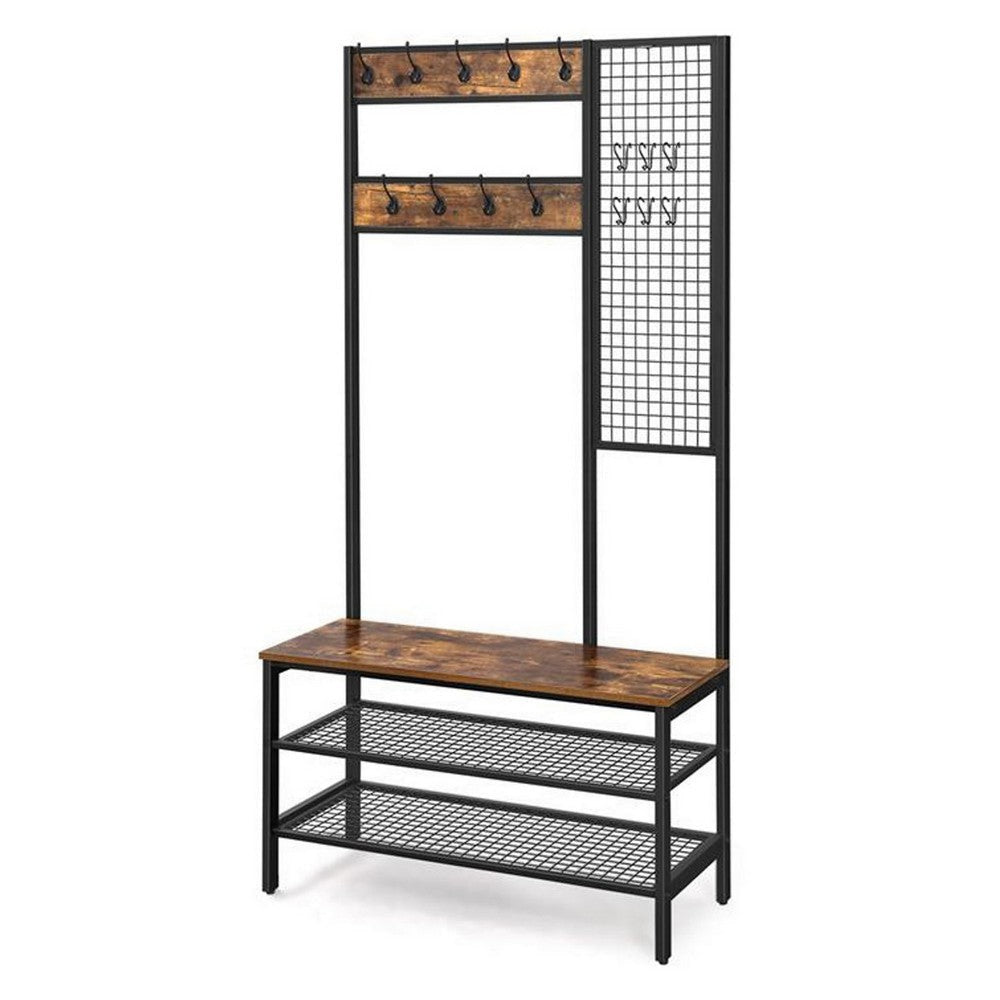 73 Inch Clothing Rack Horse 9 Coat Hooks 3 Shelves Grid Wall Brown Black By Casagear Home BM316550