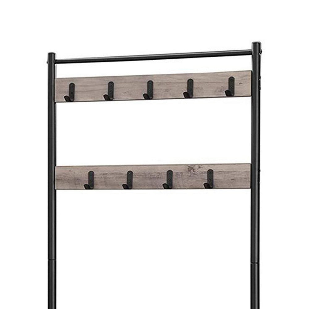 69 Inch Coat Rack Horse 9 Hooks 3 Shelves Black Metal Frame Gray By Casagear Home BM316551