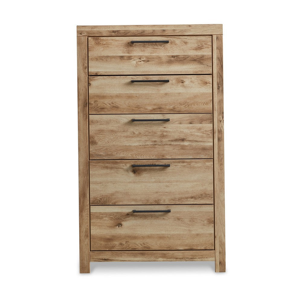 Oma 54 Inch Tall Dresser with 5 Gliding Drawers Natural Brown Finish By Casagear Home BM316570