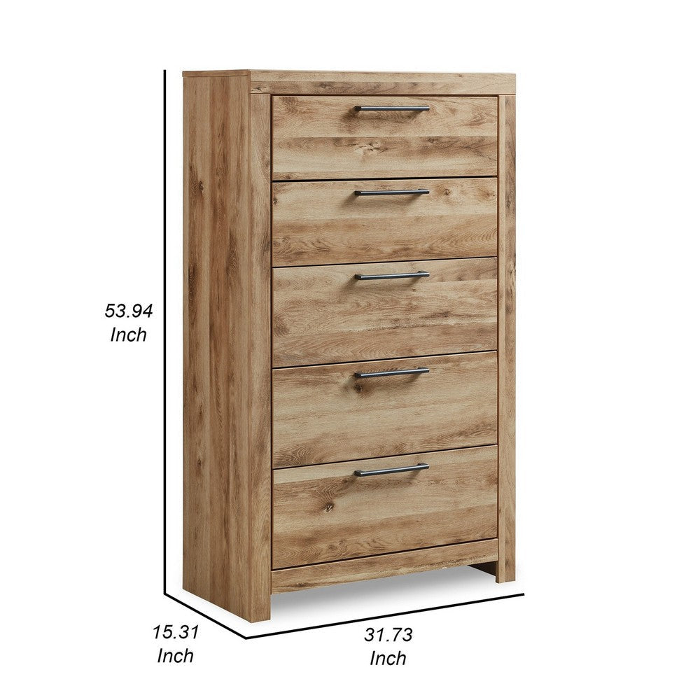 Oma 54 Inch Tall Dresser with 5 Gliding Drawers Natural Brown Finish By Casagear Home BM316570