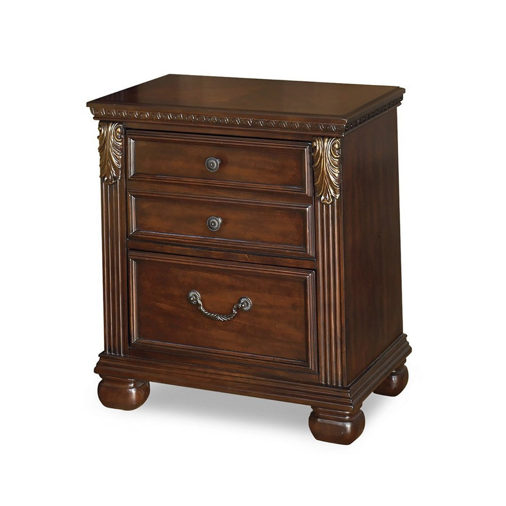 Ava 28 Inch Nightstand 2 Modern Drawers Antique Brass Handles Brown By Casagear Home BM316574