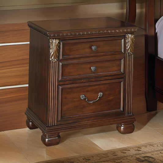 Ava 28 Inch Nightstand, 2 Modern Drawers, Antique Brass Handles, Brown By Casagear Home