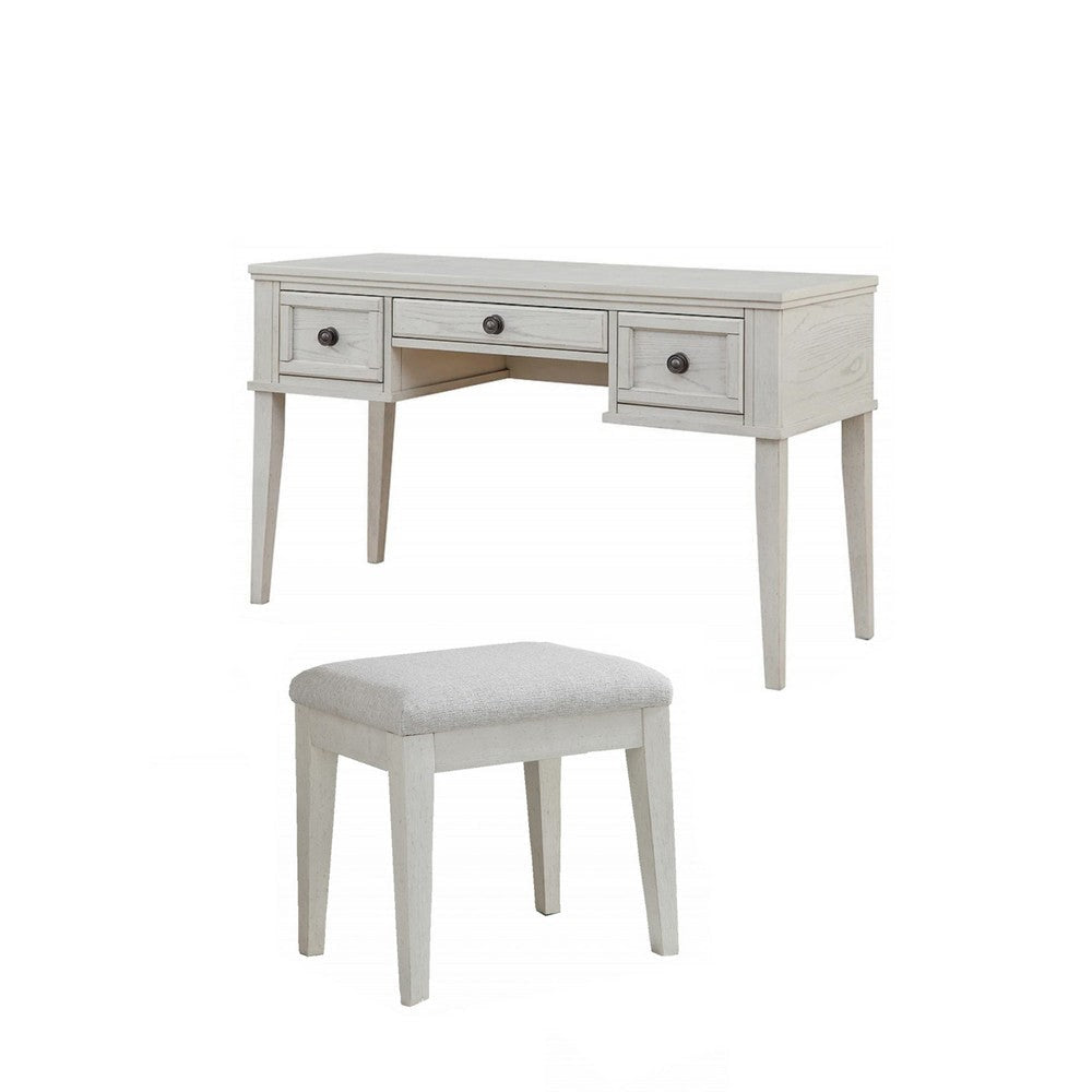 Lea Vanity Desk and Stool Set 3 Gliding Drawers Crisp White Wood By Casagear Home BM316578