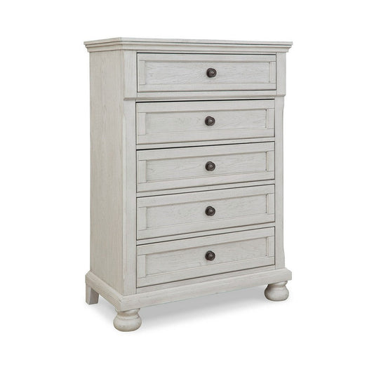 Lea 48 Inch Tall Dresser Chest, 5 Gliding Drawers, Wooden Bun Feet, White By Casagear Home