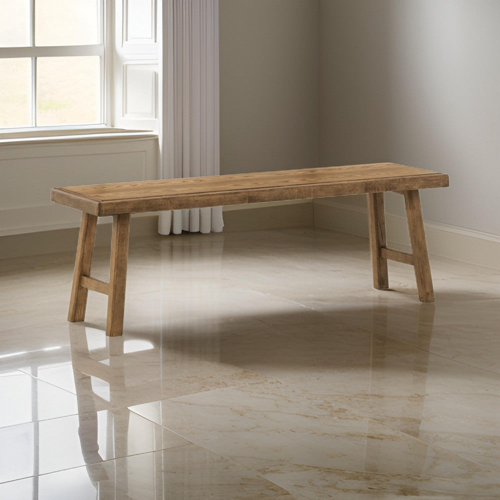 Ira 52 Inch Accent Bench Sleek Angled Legs Natural Light Brown Finish By Casagear Home BM316591