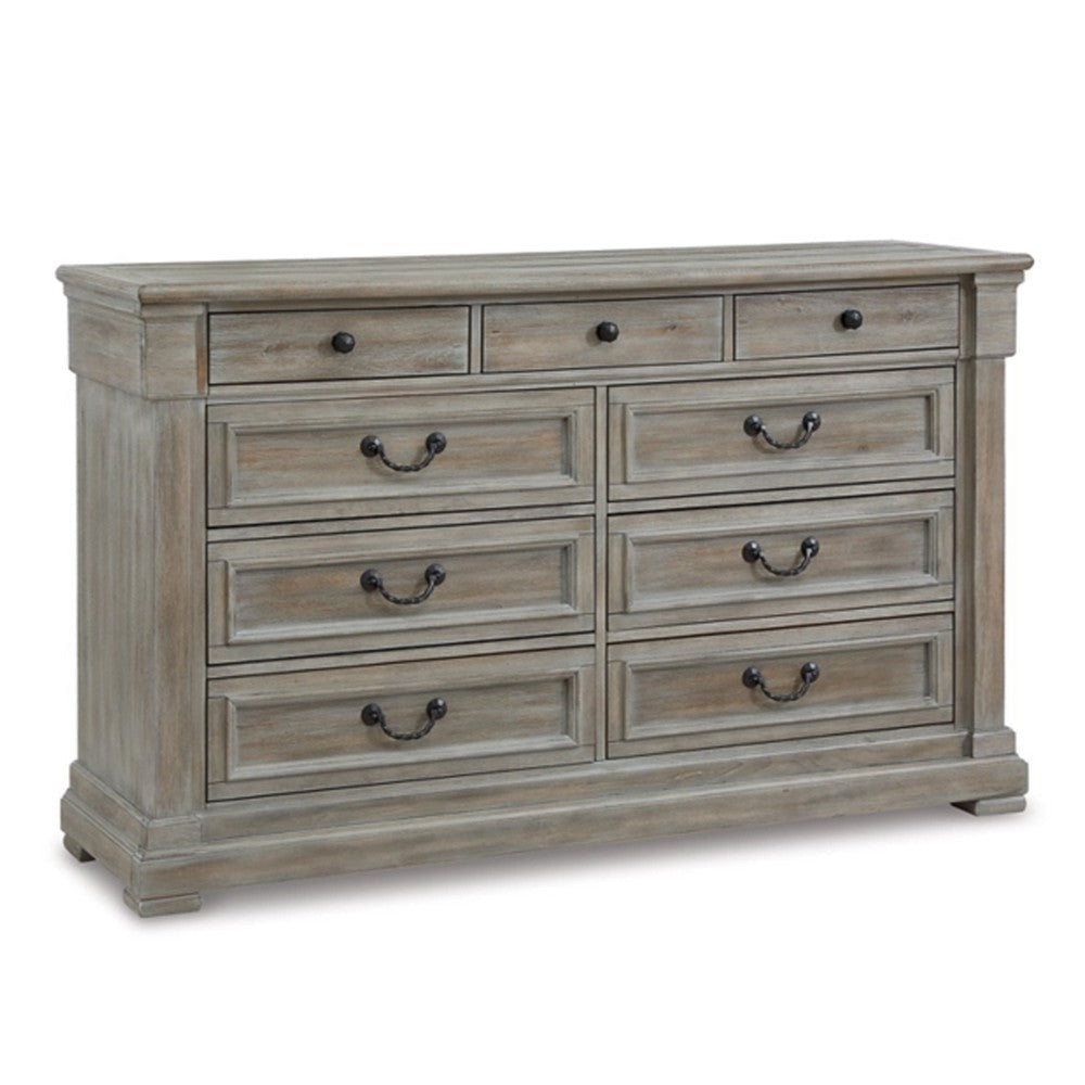 Paul 65 Inch Wide Dresser Chest, 9 Gliding Drawers, Wire Texturing, Gray By Casagear Home