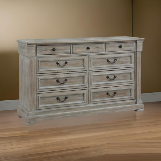 Paul 65 Inch Wide Dresser Chest, 9 Gliding Drawers, Wire Texturing, Gray By Casagear Home