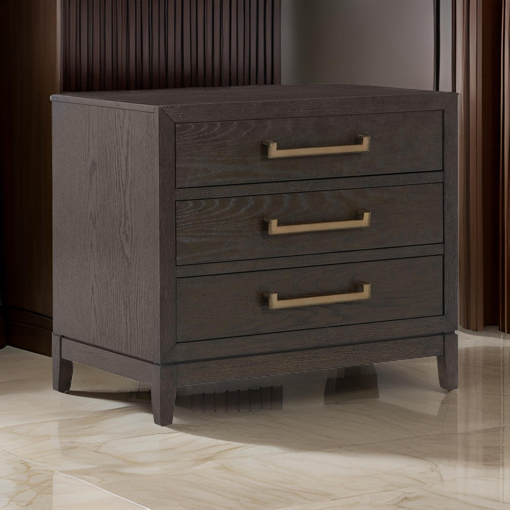 Cora 32 Inch Bedside Nightstand, 3 Gliding Drawers, Metal Handles, Brown By Casagear Home