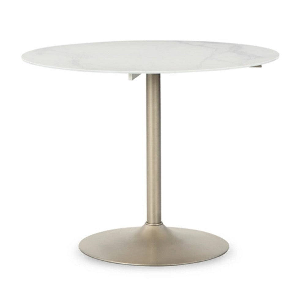 40 Inch Dining Table, Marble Print Surface, Crisp White and Gold Finish By Casagear Home