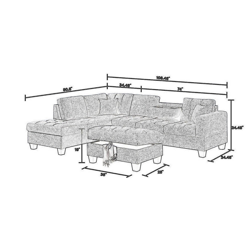 Tio 108 Inch Sectional Sofa with Reversible Chaise Ottoman Gray Tweed By Casagear Home BM316649