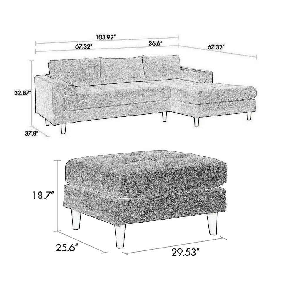 Ryle 104 Inch Sectional Sofa with Chaise and Ottoman 2 Pillows Gray Woven By Casagear Home BM316652