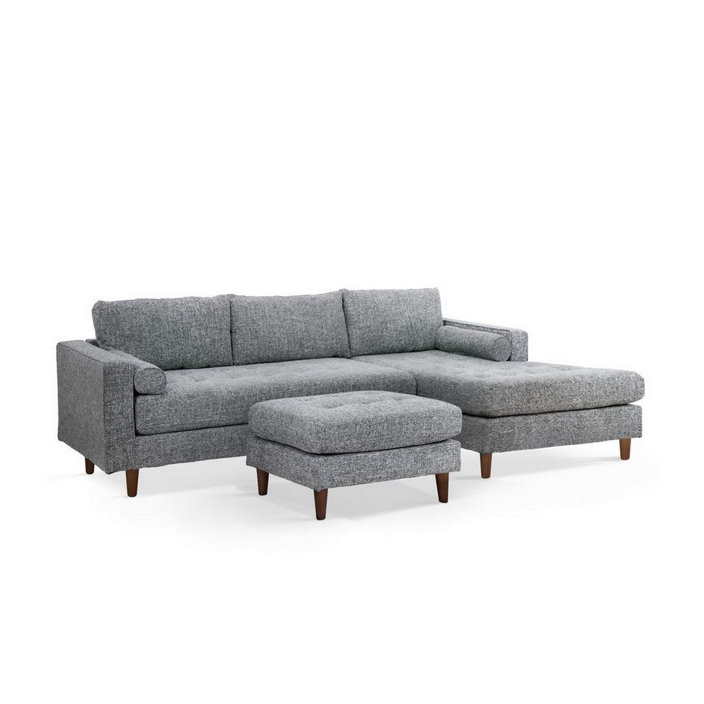 Ryle 104 Inch Sectional Sofa with Chaise and Ottoman, 2 Pillows, Gray Woven By Casagear Home