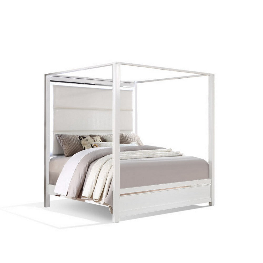 Dio Queen Canopy Bed, Tall LED Headboard, White Faux Leather Upholstery By Casagear Home