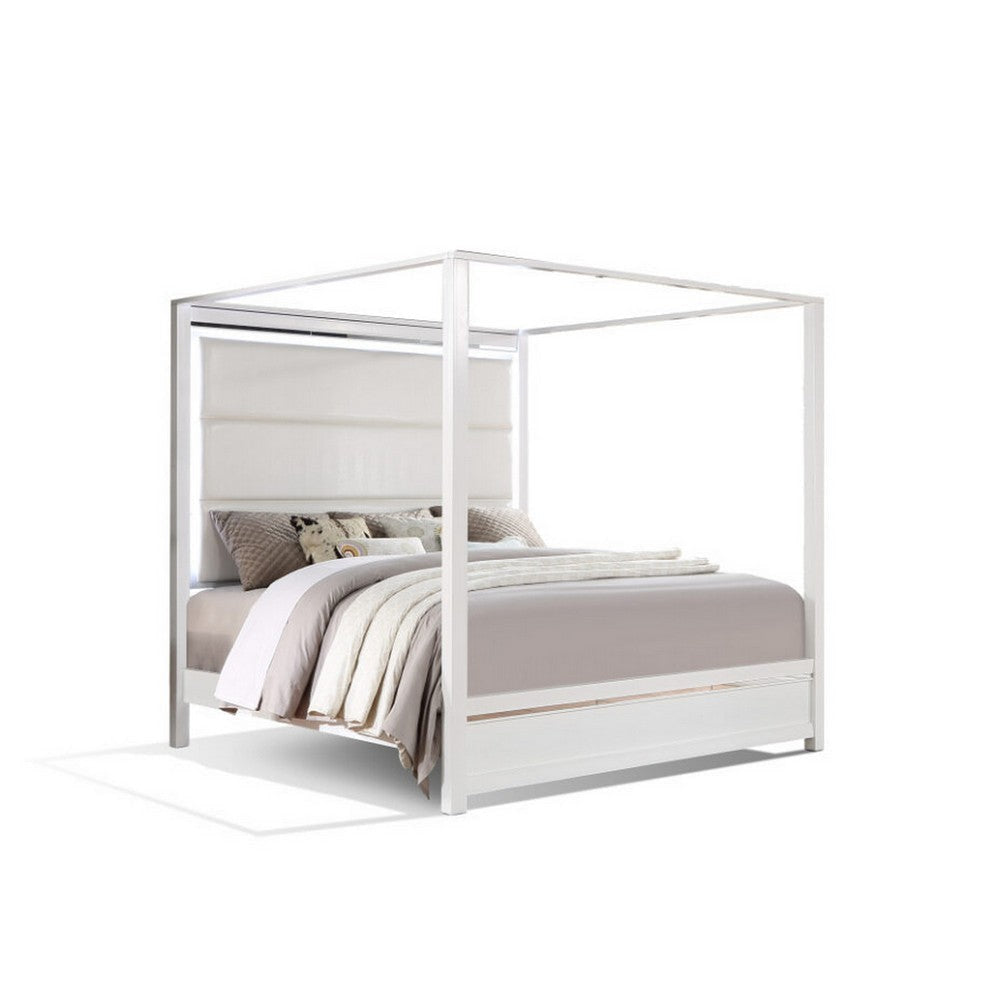 Dio King Canopy Bed, Tall LED Headboard, White Faux Leather Upholstery By Casagear Home