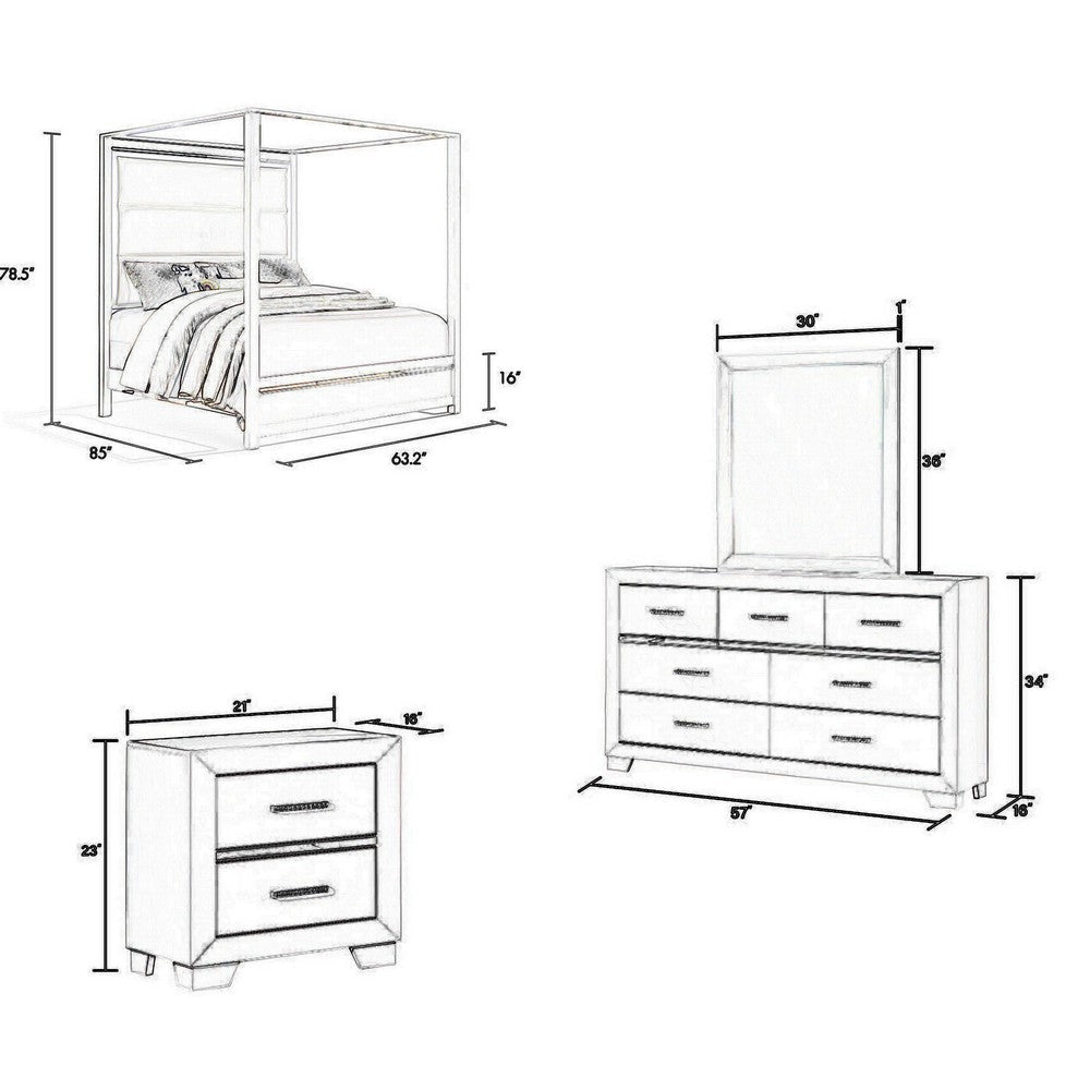 Dio 4pc Queen Canopy Bedroom Set with Nightstand Dresser Mirror in White By Casagear Home BM316656