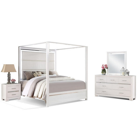 Dio 4pc Queen Canopy Bedroom Set with Nightstand, Dresser, Mirror in White By Casagear Home