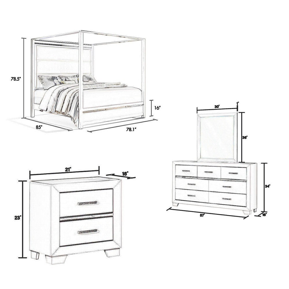 Dio 4pc King Canopy Bedroom Set with Nightstand Dresser Mirror White By Casagear Home BM316657