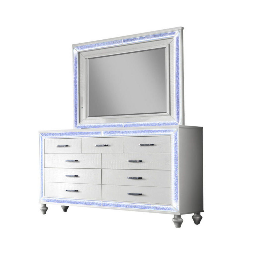 Noel 62 Inch Wide Dresser with LED Mirror Glitter Front 6 Drawers White By Casagear Home BM316658