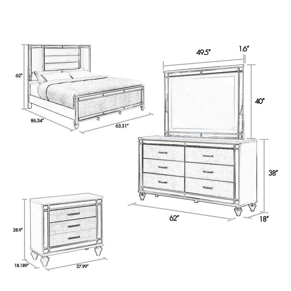 Lio 4pc Queen Bedroom Set with Nightstand Dresser LED Mirror Silver By Casagear Home BM316661