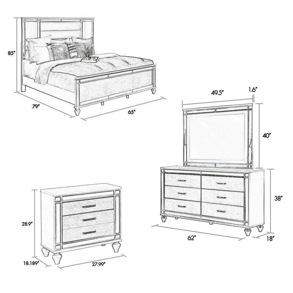 Lio 4pc King Bedroom Set with Nightstand Dresser LED Mirror Silver By Casagear Home BM316662