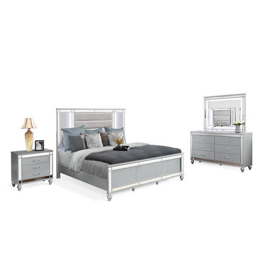 Lio 4pc King Bedroom Set with Nightstand, Dresser, LED Mirror, Silver By Casagear Home