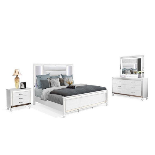 Lio 4pc King Bedroom Set with Nightstand, Dresser, LED Mirror, White By Casagear Home