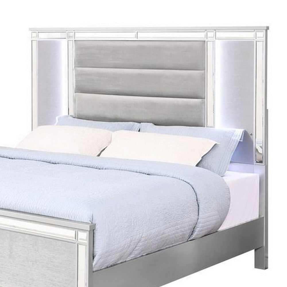 Lio Modern Queen Size Bed LED Mirror Trim Silver Velvet Tufted Upholstery By Casagear Home BM316665