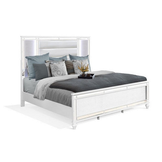 Lio Modern King Size Bed, LED, Mirror Trim, White Velvet Tufted Upholstery By Casagear Home