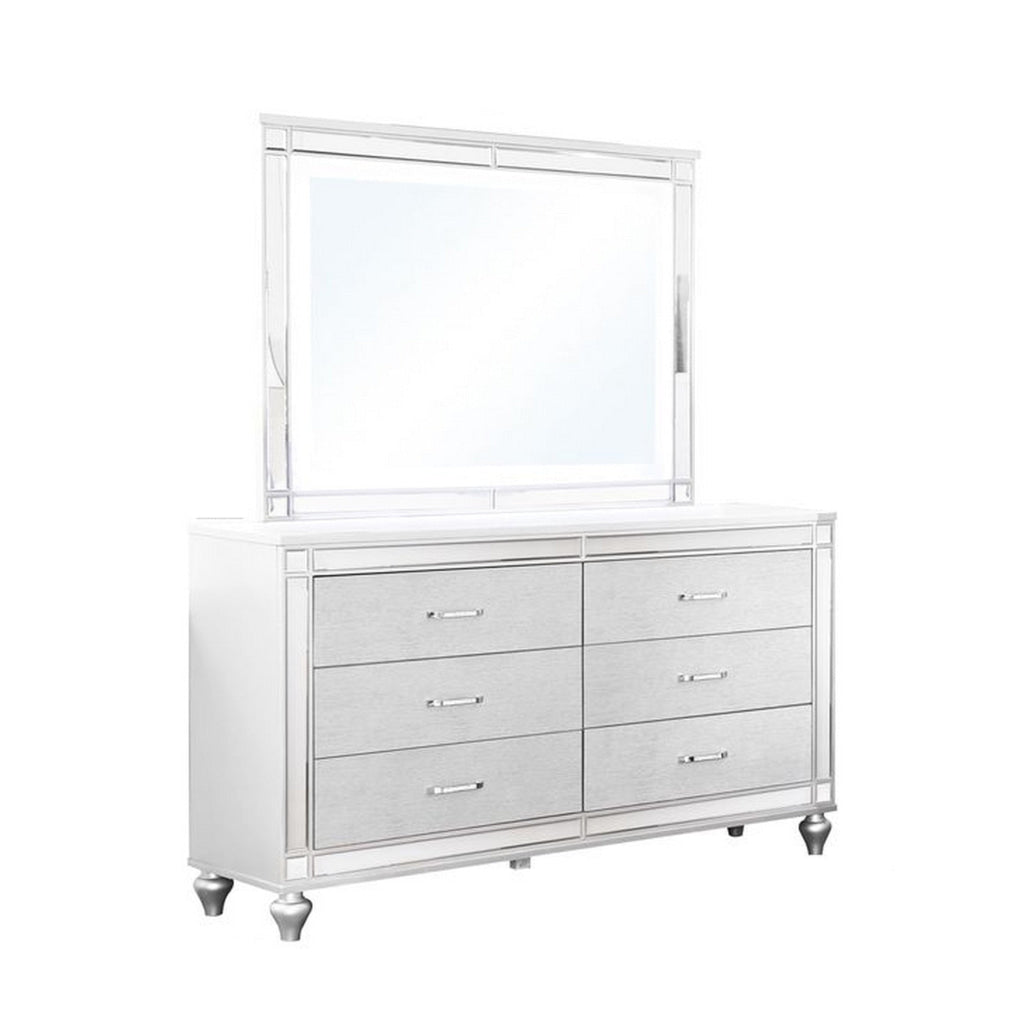 Lio Wide Dresser and LED Mirror Set of 2 Crystal Handles White Wood By Casagear Home BM316670