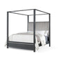 Abby Queen Canopy Bed, Mirrored Trim, Gray Velvet Channel Tufted Upholstery By Casagear Home