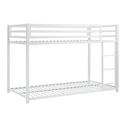 Ovi 78 Inch Twin Bunk Bed, Mounted Ladder, Ground Level Platform Bed, White By Casagear Home