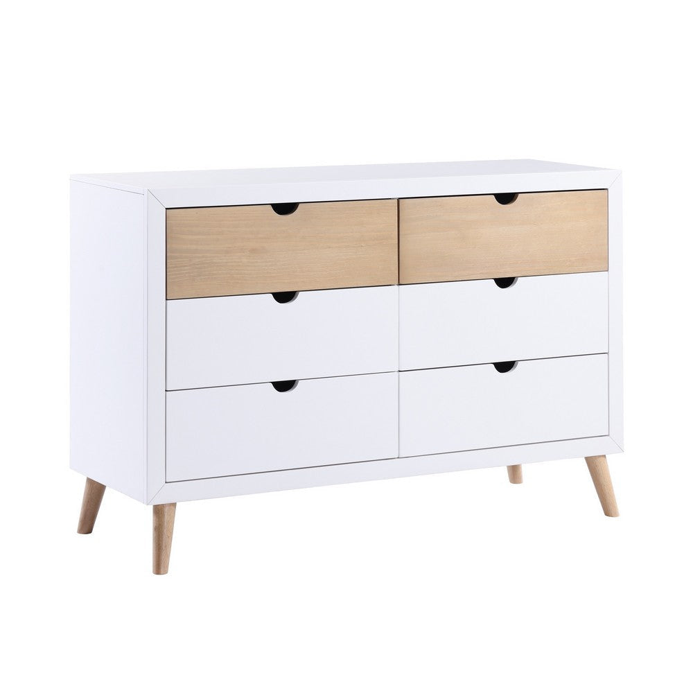 Kara 52 Inch Kids Dresser, 6 Drawers, Cutout Handles, White, Brown Wood By Casagear Home