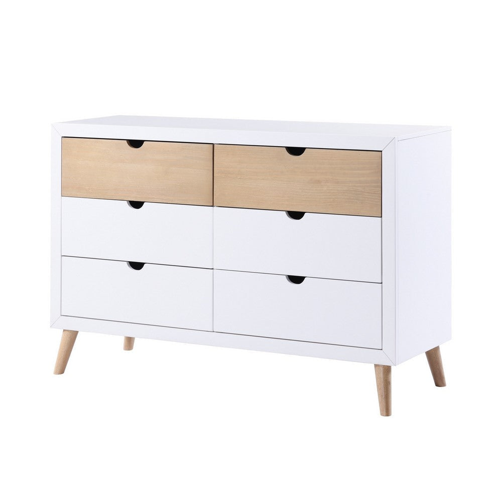 Kara 52 Inch Kids Dresser 6 Drawers Cutout Handles White Brown Wood By Casagear Home BM316689