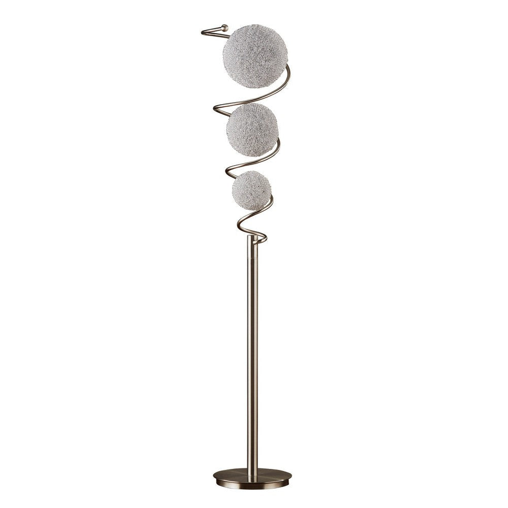 Lila 65 Inch Floor Lamp, Slender Stem, 3 Wire Wrapped Spheres, Satin Nickel By Casagear Home