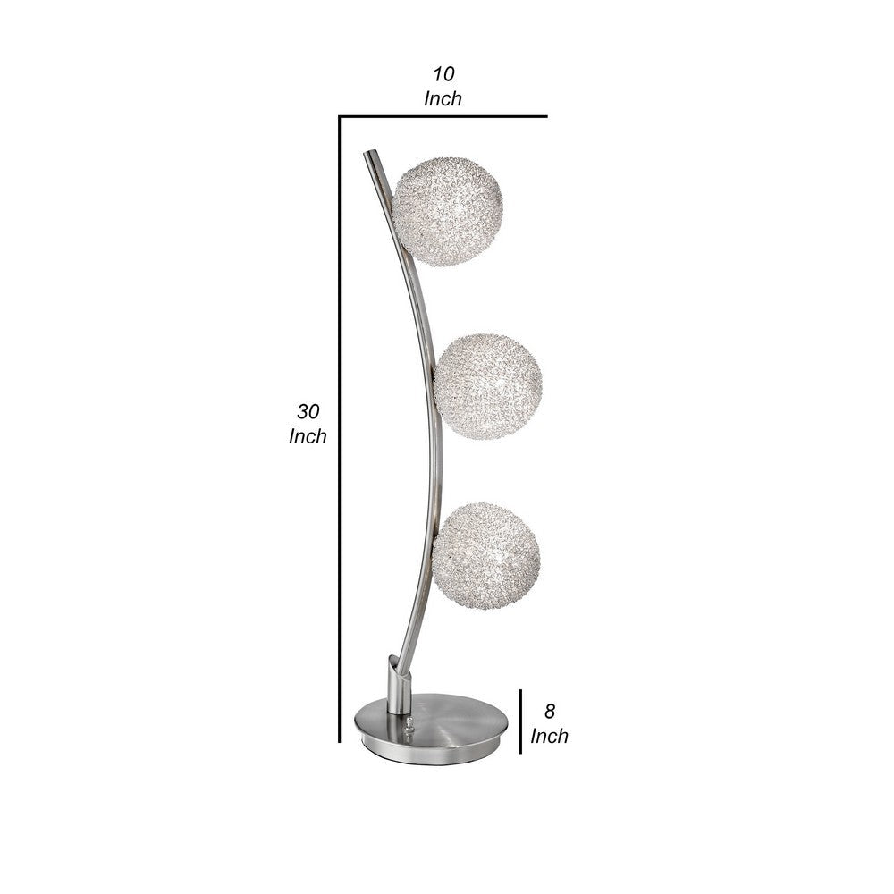 Lila 30 Inch Table Lamp Curved Stem with 3 Spheres Satin Nickel Finish By Casagear Home BM316694