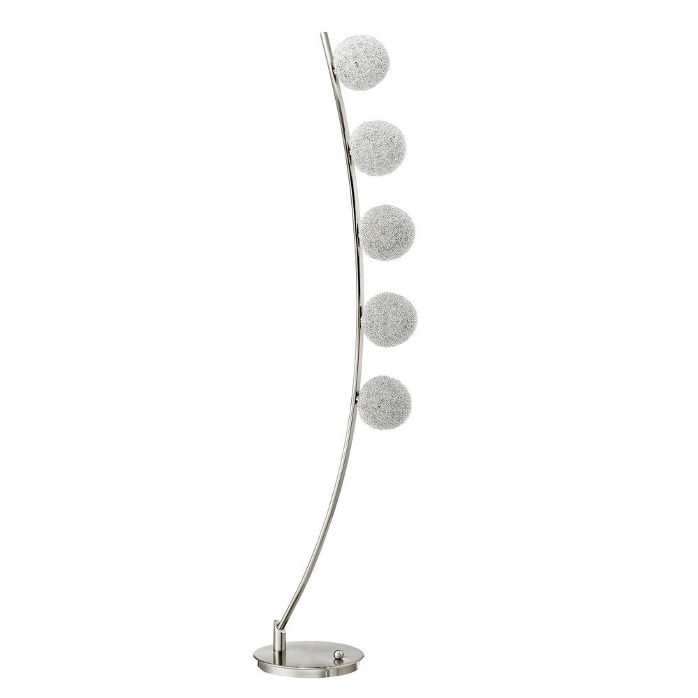 Lila 61 Inch Floor Lamp Curved Stem with 5 Spheres Satin Nickel Aluminium By Casagear Home BM316695