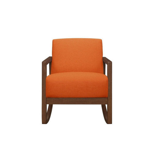 Clovi 32 Inch Rocker Accent Chair, Orange Fabric, Foam Cushions, Brown Wood By Casagear Home