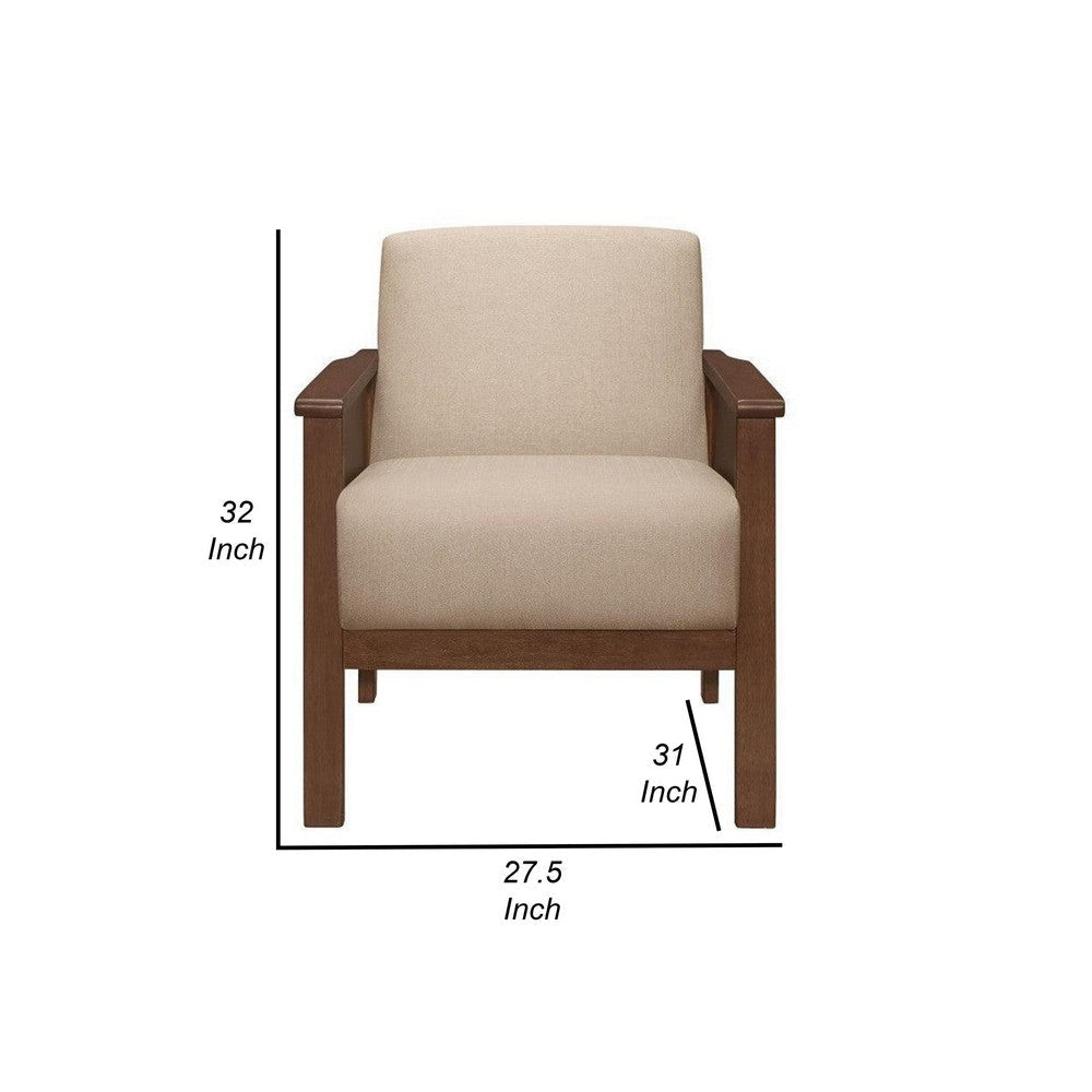 Rima 31 Inch Accent Chair Beige Fabric Foam Cushions Brown Solid Wood By Casagear Home BM316708