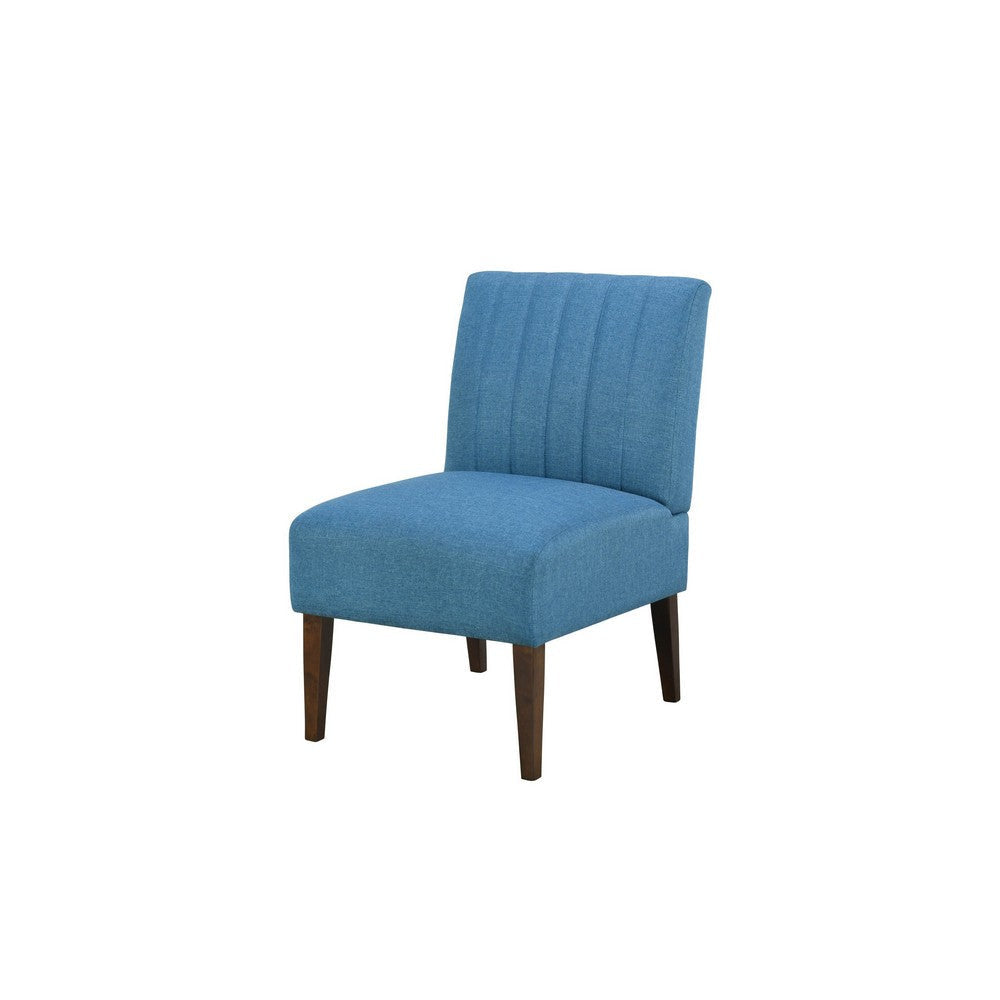 Paula 30 Inch Accent Chair, Blue Fabric, Channel Tufted Back, Brown Wood  By Casagear Home