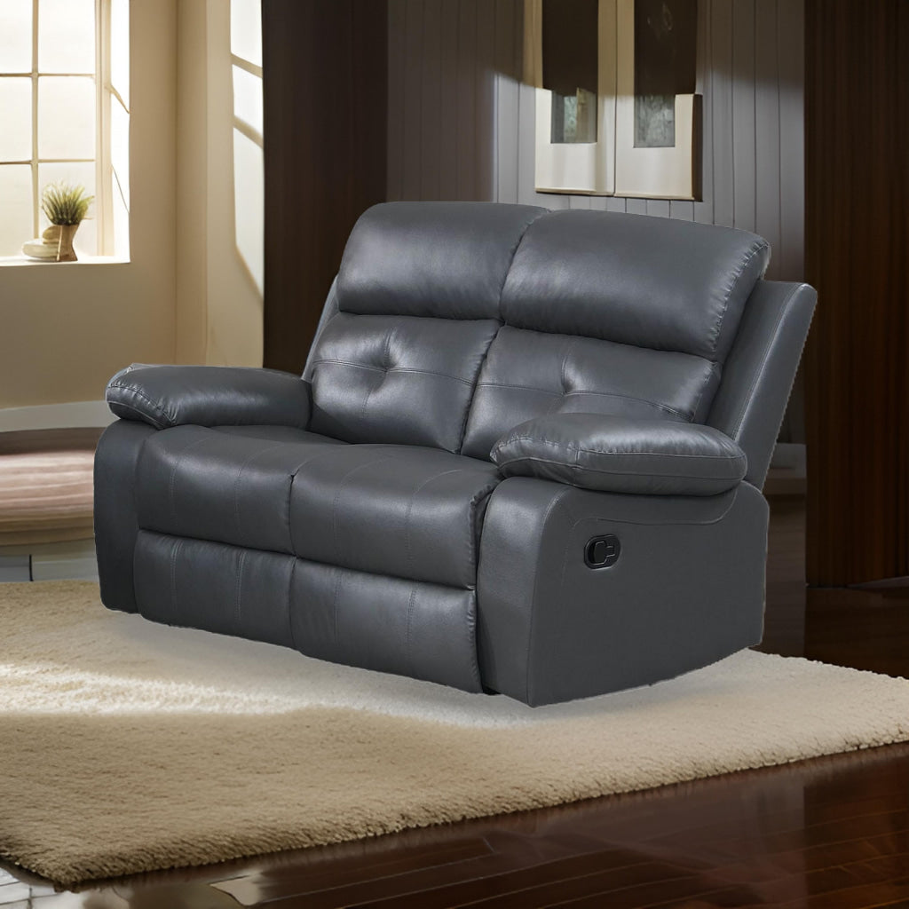 Lara 60 Inch Manual Recliner Loveseat, Plush Gray Faux Leather, Pine Wood By Casagear Home