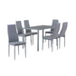 Simi 7 Piece Dining Table Set, Sleek Glass Top, 6 Chairs, Gray Metal By Casagear Home